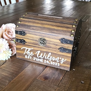 Personalized Locking Wedding Card Box with slot, Rustic Keepsake Chest
