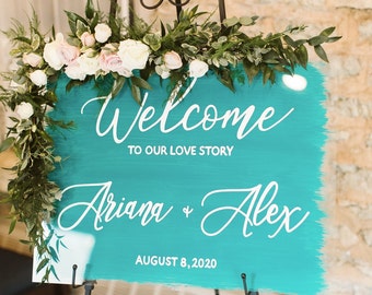 Personalized Wedding Welcome Sign - Hand Painted Wedding Sign - Large Acrylic Wedding Welcome Sign - Hand Painted Brush Stroke Back Sign