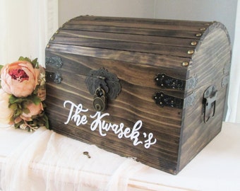 Personalized wedding card box, wedding chest with slot and lock, cards trunk with slit, bridal shower card holder, rustic wedding decor,