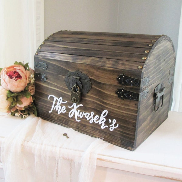 Personalized wedding card box, wedding chest with slot and lock, cards trunk with slit, bridal shower card holder, rustic wedding decor,