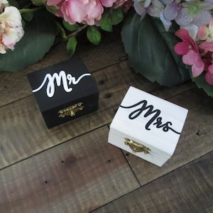 Mr and Mrs wooden wedding ring box set, wood ring bearer boxes, black and white ring holders, rustic wedding decor, bridal shower gift