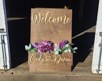 Signo de bienvenida de caja de flores personalizado - Signo de bienvenida de boda con texto en 3D - Un signo de ceremonia de boda de marco - Signo de nombre de corazones de conexión