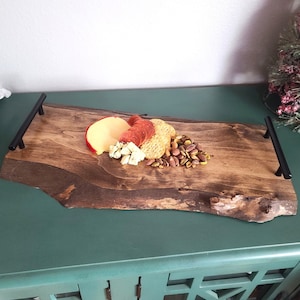 Live Edge Wooden Charcuterie Board - Long Wood Centerpiece Serving Tray With Handles - Meat and Cheese Grazing Board - Gift for Mom