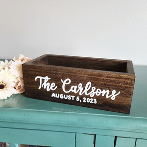 Personalized wood wedding card box, open top wooden card holder, anniversary gift for her, card box with last name, rustic mail holder
