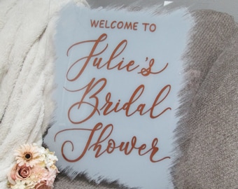 Panneau de bienvenue personnalisé pour la douche nuptiale, cadeau souvenir pour la mariée, décoration de douche nuptiale en or rose, grande plaque de bienvenue peinte à la main