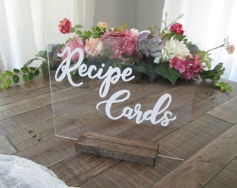 Recipe cards sign, acrylic sign with stand, bridal shower decor, recipes for the bride, bridal shower sign, garden shower, party decor
