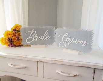 Bride and groom sweetheart table acrylic sign set with stands, rustic wedding reception decor, mr and mrs head table signs, dusty blue signs