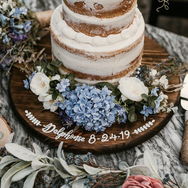 14" or 18" personalized round wooden cake stand, cupcake riser, rustic wedding decor,  charcuterie board, party platter, bridal shower decor