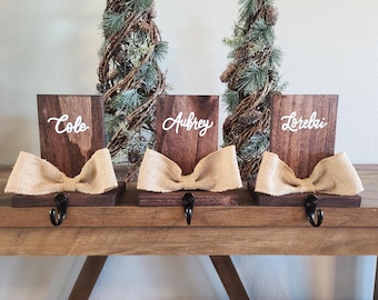 Personalized stocking holder, wooden mantel stocking label, stocking hook, rustic farmhouse Christmas decor, custom stocking hanger