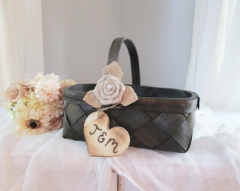 Personalized flower girl basket for rustic or country wedding, wicker petal bucket, wedding ceremony decor