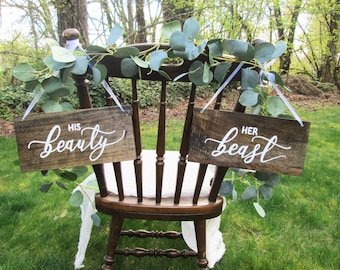 His Beauty Her Beast Wood Wedding Chair Signs, Rustic Wedding Decor, Fantasy Fairy Tale Wedding Sign Set, Hanging Sweetheart Chair Signs