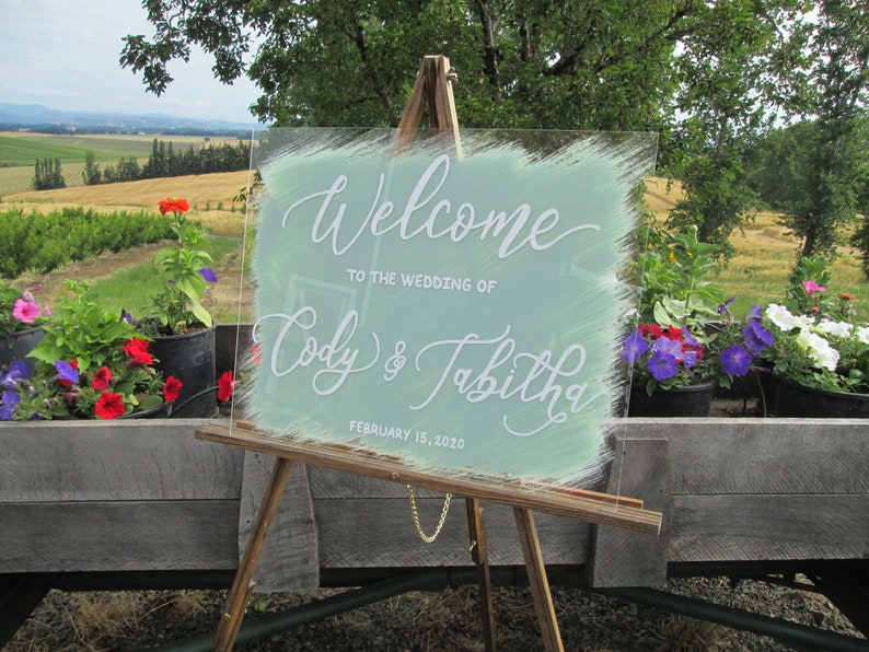 Acrylic wedding welcome sign blue and copper acrylic wedding sign with stand brush stroke painted back watercolor modern acrylic sign