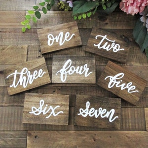 Hand painted wooden centerpiece table numbers, rustic country barn wedding decor, calligraphy number event decor, seating escort numbers