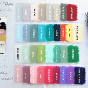 May include: A color chart of fabric swatches with names for each color. The colors include white, black, rose gold, gold, champagne, pearl white, blush pink, light sage, light blue, light gray, plum, sea glass, colonial blue, mist, thicket, peach, light green, turquoise, pebble, cotton candy, aloe, coral, mermaid, eucalyptus, navy, wild berry, mint, cobblestone, driftwood, lavender, orange, dark gray, cactus, berry, purple, dark purple, yellow, burgundy, emerald, and buttermilk.