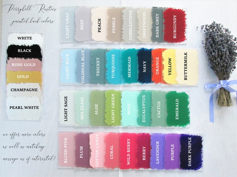 May include: A color chart of fabric swatches with names for each color. The colors include white, black, rose gold, gold, champagne, pearl white, blush pink, light sage, light blue, light gray, plum, sea glass, colonial blue, mist, thicket, peach, light green, turquoise, pebble, cotton candy, aloe, coral, mermaid, eucalyptus, navy, wild berry, mint, cobblestone, driftwood, lavender, orange, dark gray, cactus, berry, purple, dark purple, yellow, burgundy, emerald, and buttermilk.