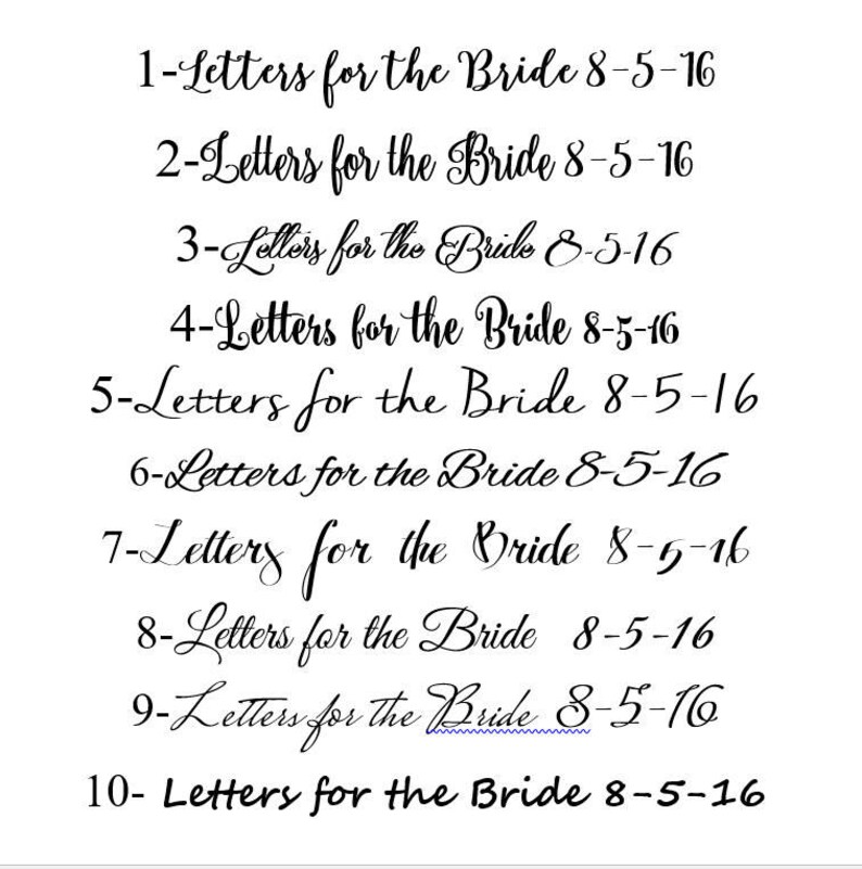 Puede incluir: Una lista de diez elementos numerados, cada uno indicando "Cartas para la novia 8-5-16". Los n&uacute;meros est&aacute;n escritos a mano con tinta negra, y el texto est&aacute; en una fuente cursiva.