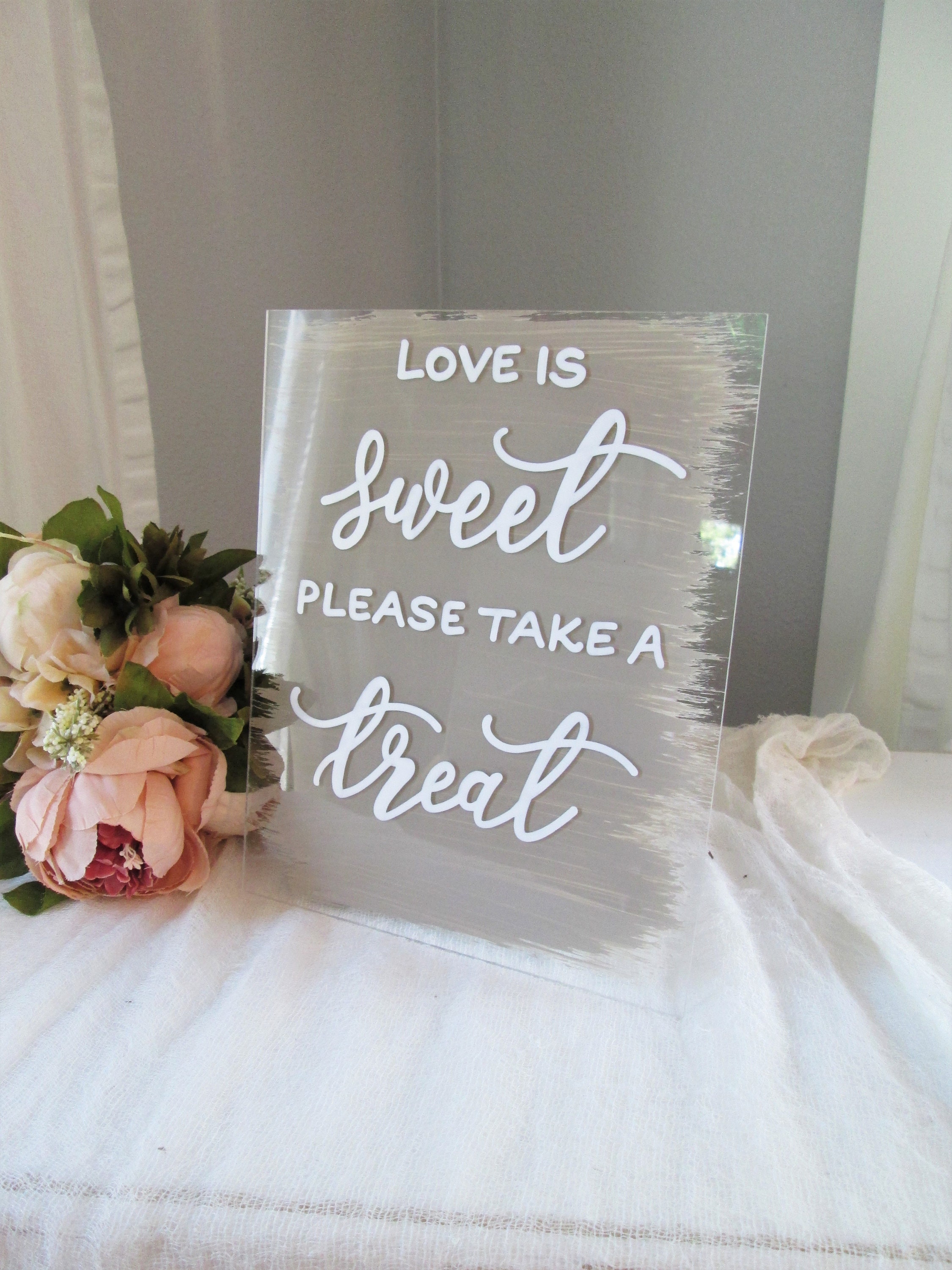 Love Is Sweet Wedding Sign Acrylic Pink Rustic Chic handpainted blush pink 