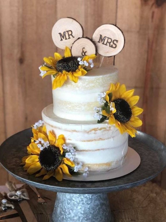 Mr & Mrs Rustic Wood Round Wedding Cake Topper 