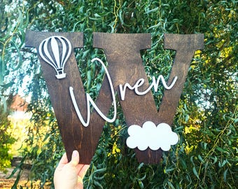 Personalized baby name nursery wall letter, wood monogram wall letter, kid's wall decor, hot air balloon wall decor, travel theme shower
