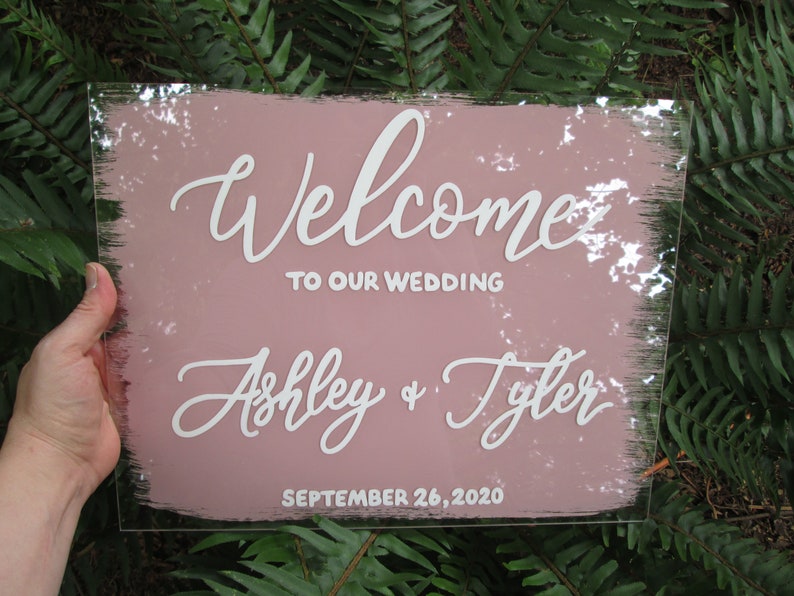 Acrylic wedding welcome sign blue and copper acrylic wedding sign with stand brush stroke painted back watercolor modern acrylic sign