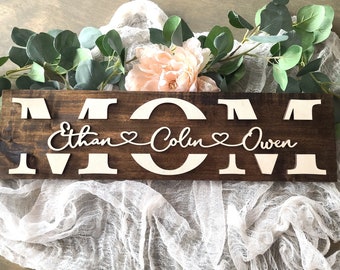 Personalized mom sign, Mother's Day gift, gift for her, mom sign with kid's names, heart kid's name sign, 3D laser cut mother wooden sign