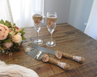 Cake knife and toasting glass set, cake cutting and wedding glass set, rustic wedding decor set, personalized bridal shower gift