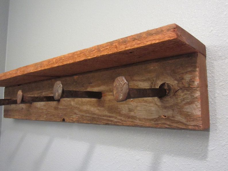 Rustic shelf, rustic home decor, rustic coat rack, shelf with spikes, wall shelf, barnwood shelf, barnwood rack, rustic wall shelf with hook image 1