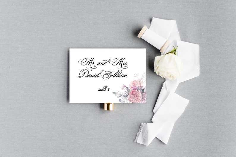 Reception Decor Watercolor Floral Place Card Calligraphy Wedding Place Card Table Card Watercolor Floral Escort Card