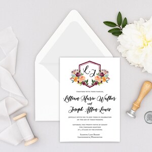 Wedding Invitation - Calligraphy Wedding Invitation, Wedding Invitation Crest - Floral Invitation - Lillian