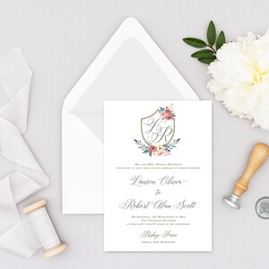 Wedding Invitation - Calligraphy Wedding Invitation, Wedding Invitation Crest - Floral Invitation - Lauren Olivia