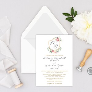 Wedding Invitation - Calligraphy Wedding Invitation, Wedding Invitation Crest - Floral Invitation - Melanie