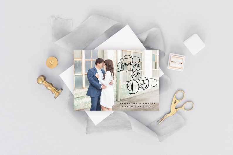 PRINTED Photo Save the Date Card with Envelopes Custom Save the Date Photo Card Simple Calligraphy Save the Date Samantha Lynn