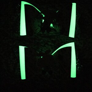 May include: Two pairs of glow-in-the-dark green shoelaces. The shoelaces are tied in a bow and are illuminated in the dark.
