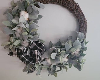 FarmhouseWreath, Lambs ear Wreath, Everyday Wreath, Grapevine Wreath