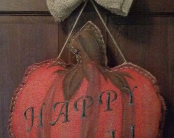 Hand Sewn Rustic Fall  Pumpkin Burlap Door Hanger