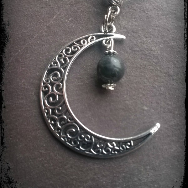 Ornate crescent moon and black moonstone necklace on ball chain, Wiccan, pagan, witch jewellery
