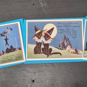 Lot de 3 cartes d'Halloween, sorcières et familiers, Samhain, Saint-Sylvestre, chats, corbeaux UK
