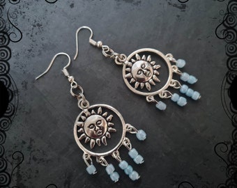 Gorgeous silver sun earrings with sky blue glass, Litha, Summer solstice, beach, holidays