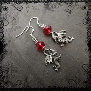Cute Celtic dragon earrings with red faceted glass, Cymru, Wales, Welsh, heritage gift