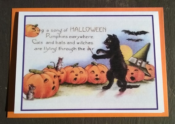 Chat De Sorciere Noire Et Citrouilles Vintage Imprimer Carte Etsy