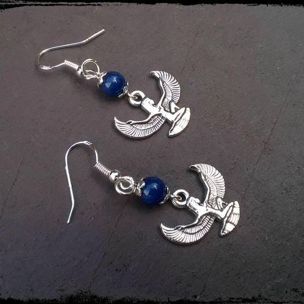 Isis and lapis lazuli drop earrings, winged Egyptian goddess, magic, witch .925 wires or hypoallergenic wires