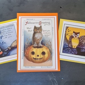 Pack of 3 owl themed fabulous Halloween cards, vintage design, Samahin, All Hallow&#39;s Eve, party invitation, greetings, unusual