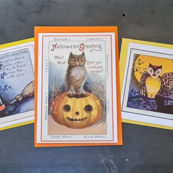 Pack of 3 owl themed fabulous Halloween cards, vintage design, Samahin, All Hallow's Eve, party invitation, greetings, unusual