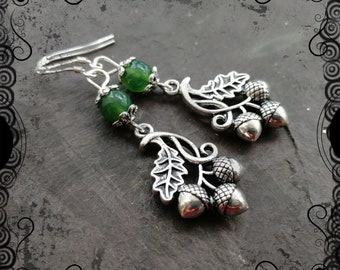 Oak leaf and acorns earrings with moss agate, .925 ear wires, pagan, woodland, druid, ogham, trees