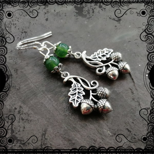 Oak leaf and acorns earrings with moss agate, .925 ear wires, pagan, woodland, druid, ogham, trees