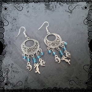 Magical hare, moon and stars dangle earrings with blue glass, pagan, wildlife, nature