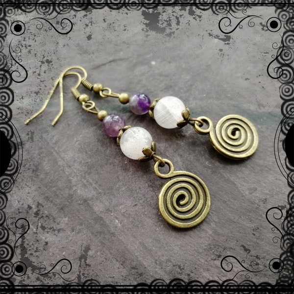 Bronze spiral earrings with amethyst and rose quartz, crystals, cosmic, boho, pagan