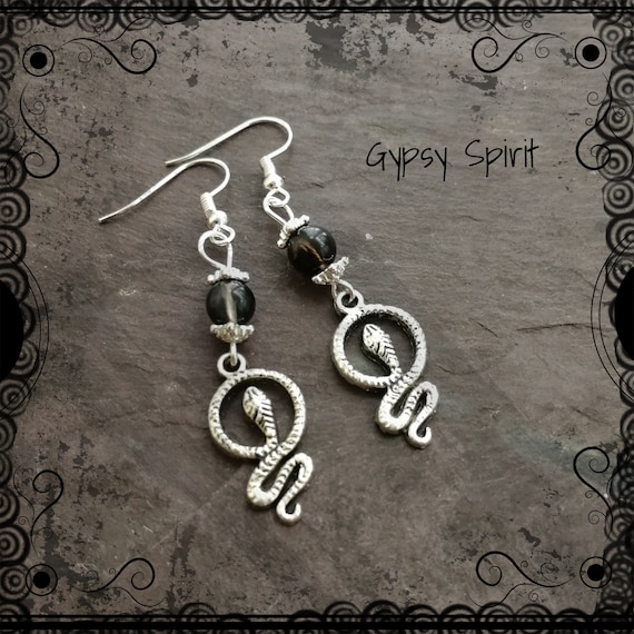 Smokey quartz snake earrings, pagan, kundalini, tantra, Lilith, Medusa, spirit animal, shaman
