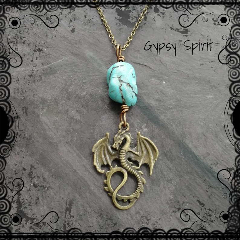 bronze wire wrapped on a bronze chain myth Fantasy magic Bronze dragon necklace with turquoise nugget pagan druid.