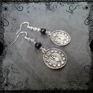 Witch&#39;s goddess and moon phases earrings with glittering goldstone, Wiccan, pagan jewellery